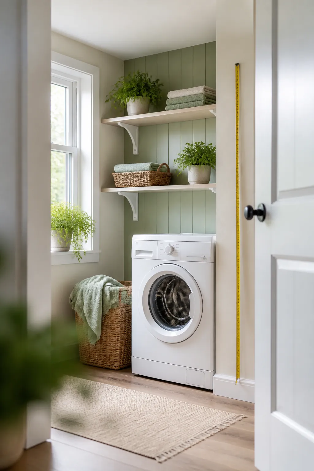 A tape measure against the clear wall beside a washing machine in a laundry closet