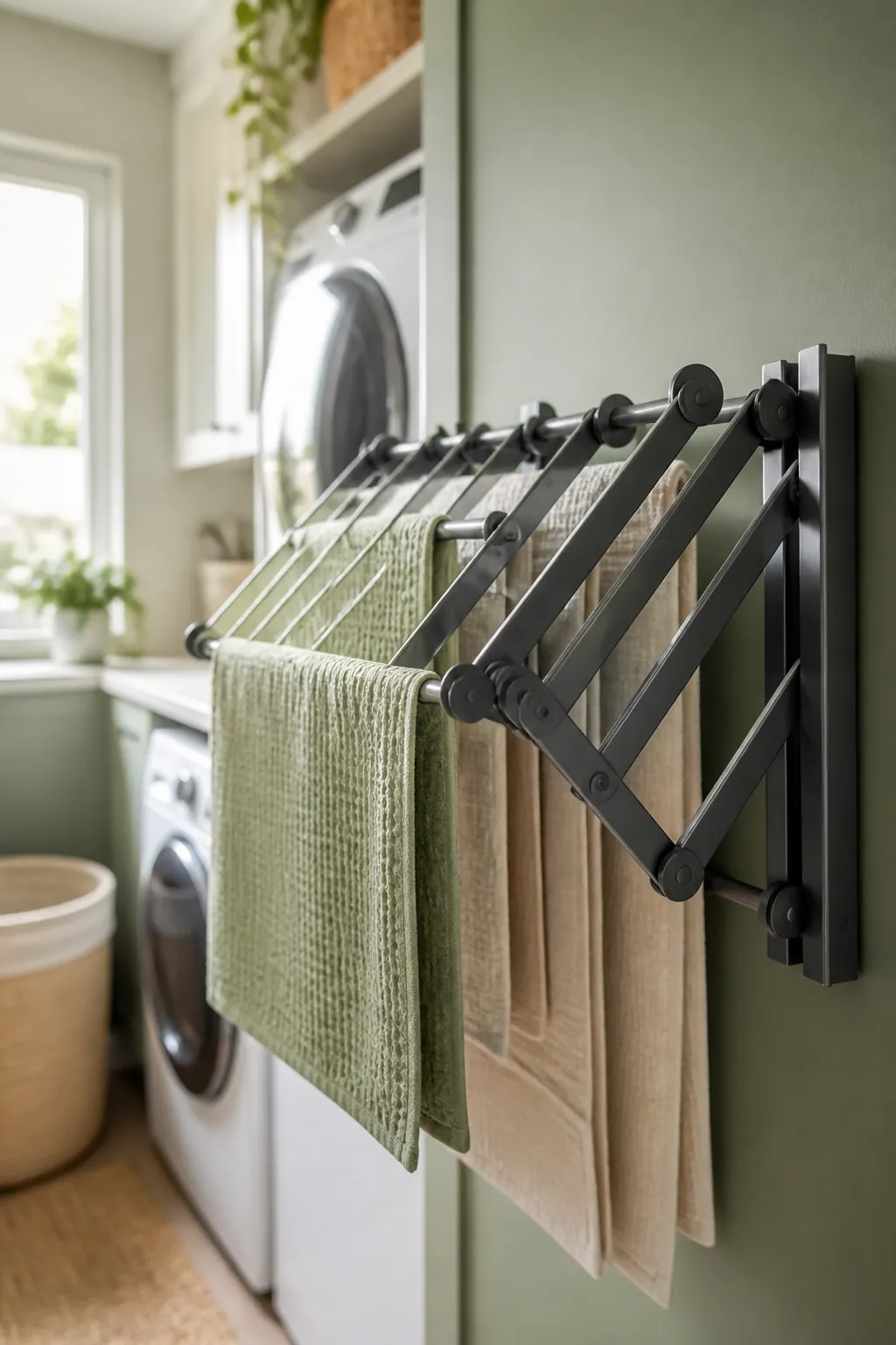 A wall-mounted folding drying rack extended open beside a stacked washer and dryer with towels hanging on its arms
