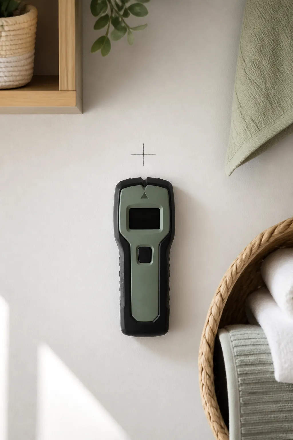 A stud finder on a laundry room wall with a pencil mark for a drying rack fixing