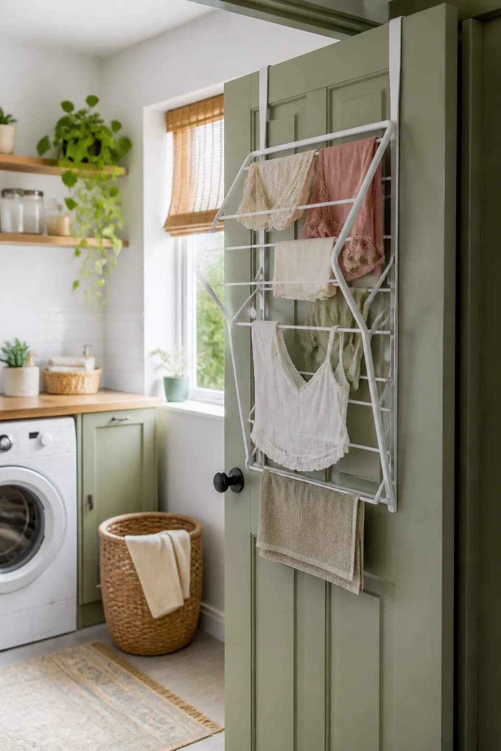 A folding over-the-door drying rack hung on a solid laundry room door holding hand-washed items