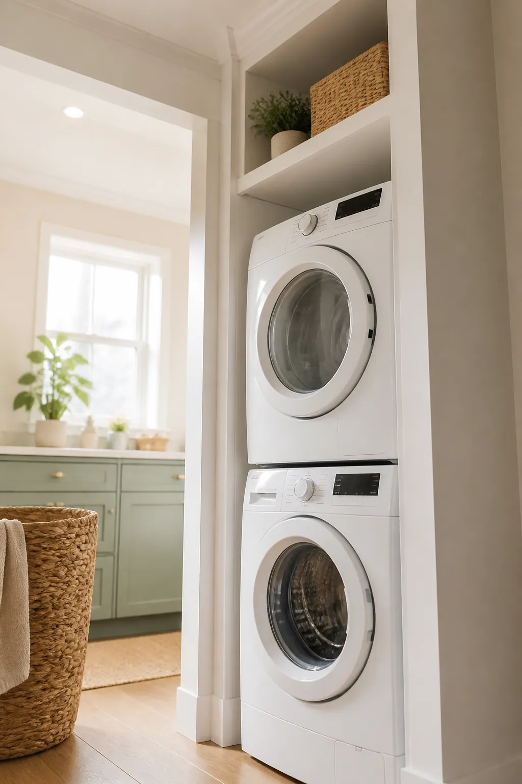 A shelf fitted into the empty space above a stacked washer and dryer