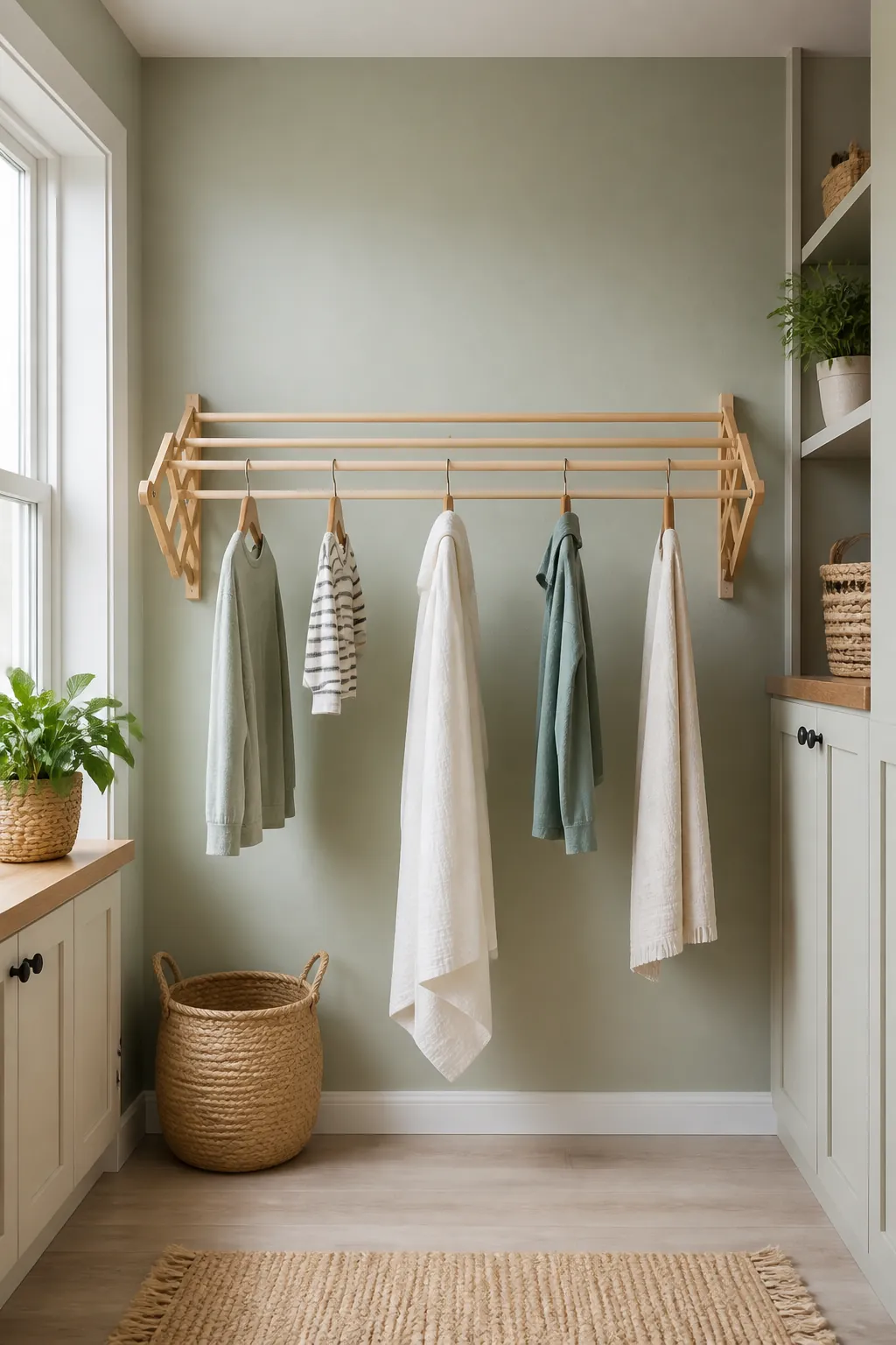 A drying rack with clothes spaced apart so air can pass between each garment