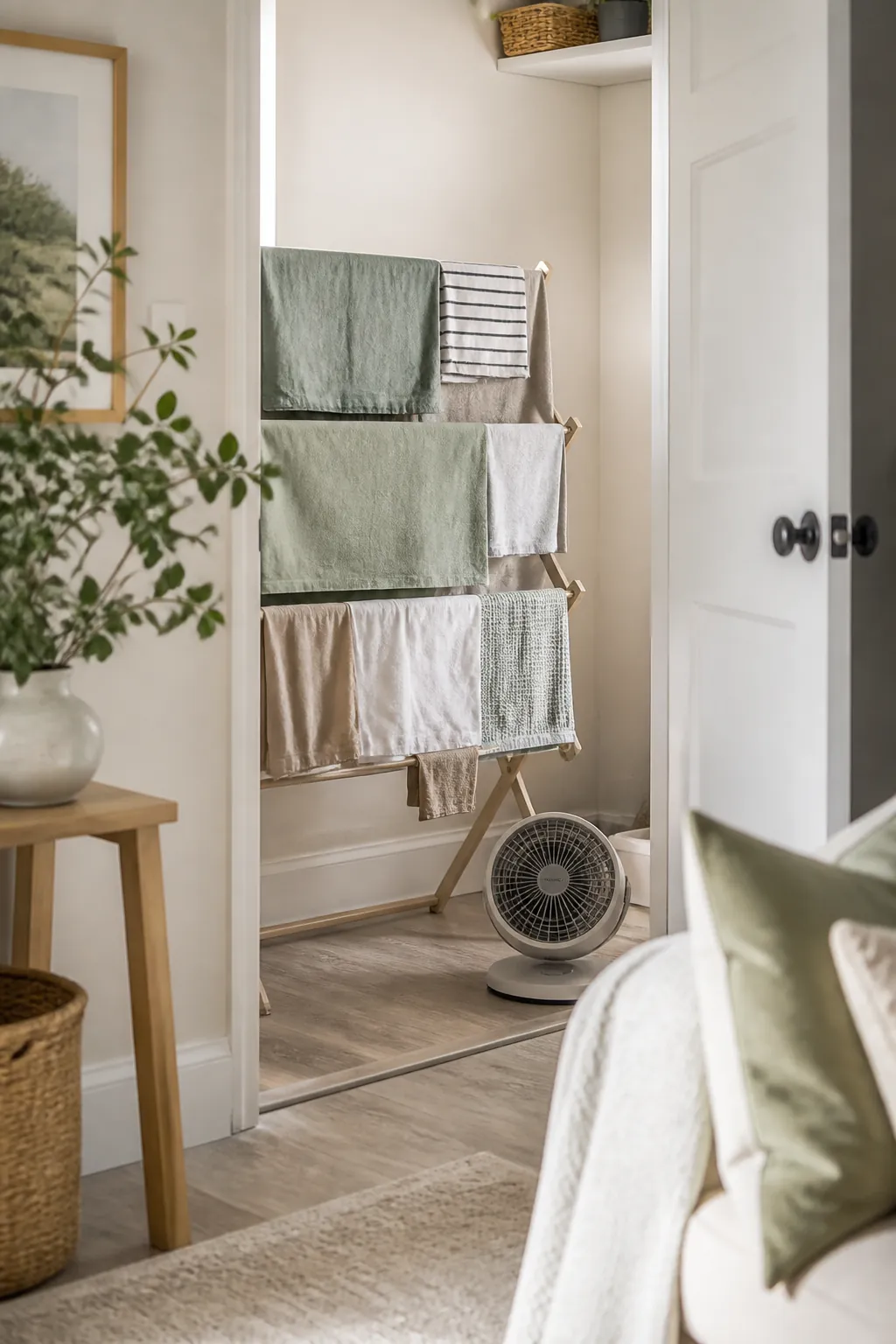 A laundry closet door propped open with a small fan aimed at drying laundry