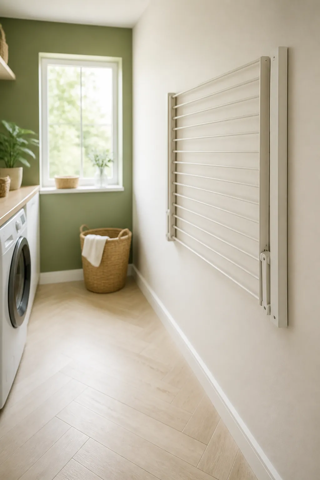 A wall-mounted drying rack folded flat and empty, the floor beneath it clear