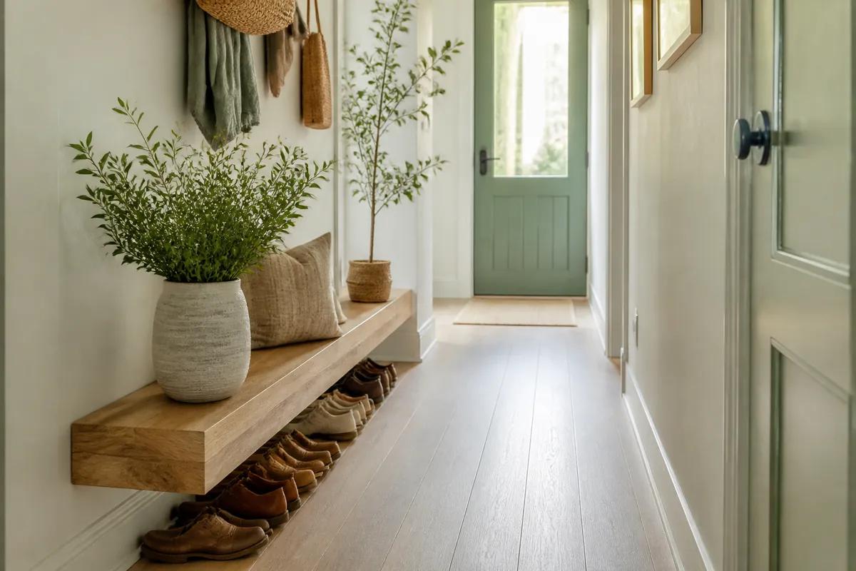 A slim twelve-inch-deep entryway bench against a narrow hallway wall with shoes lined up underneath