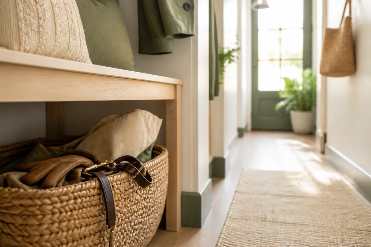 A large woven storage basket under an entryway bench holding gloves and bags
