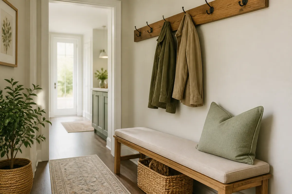 A wall-mounted coat rail with hooks fixed above an entryway bench, coats hanging clear of the seat