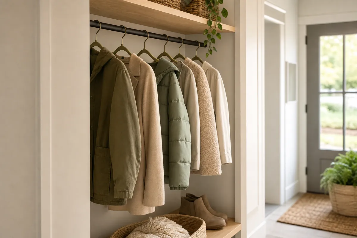 Slim velvet hangers reclaiming rail space in a narrow entryway closet so coats hang evenly instead of crushed together