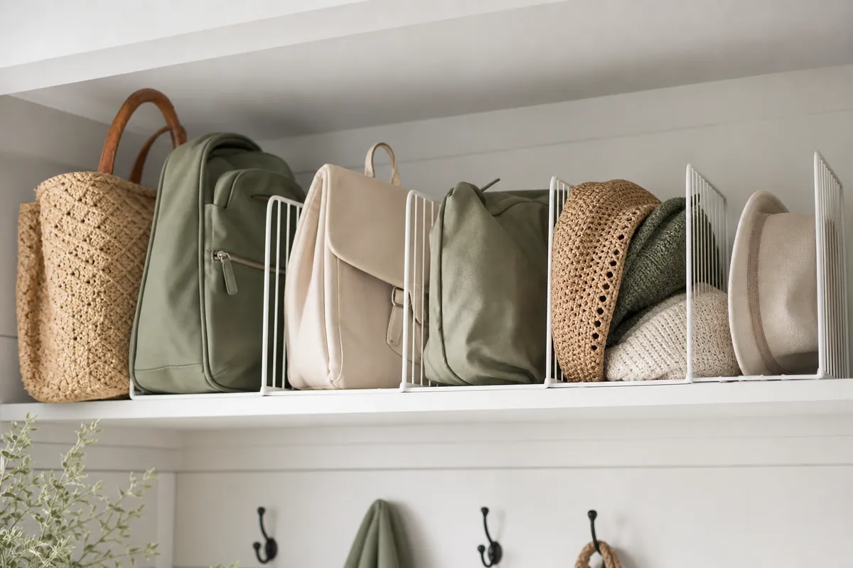 Wire shelf dividers turning the high shelf of an entryway closet into upright slots instead of one leaning heap