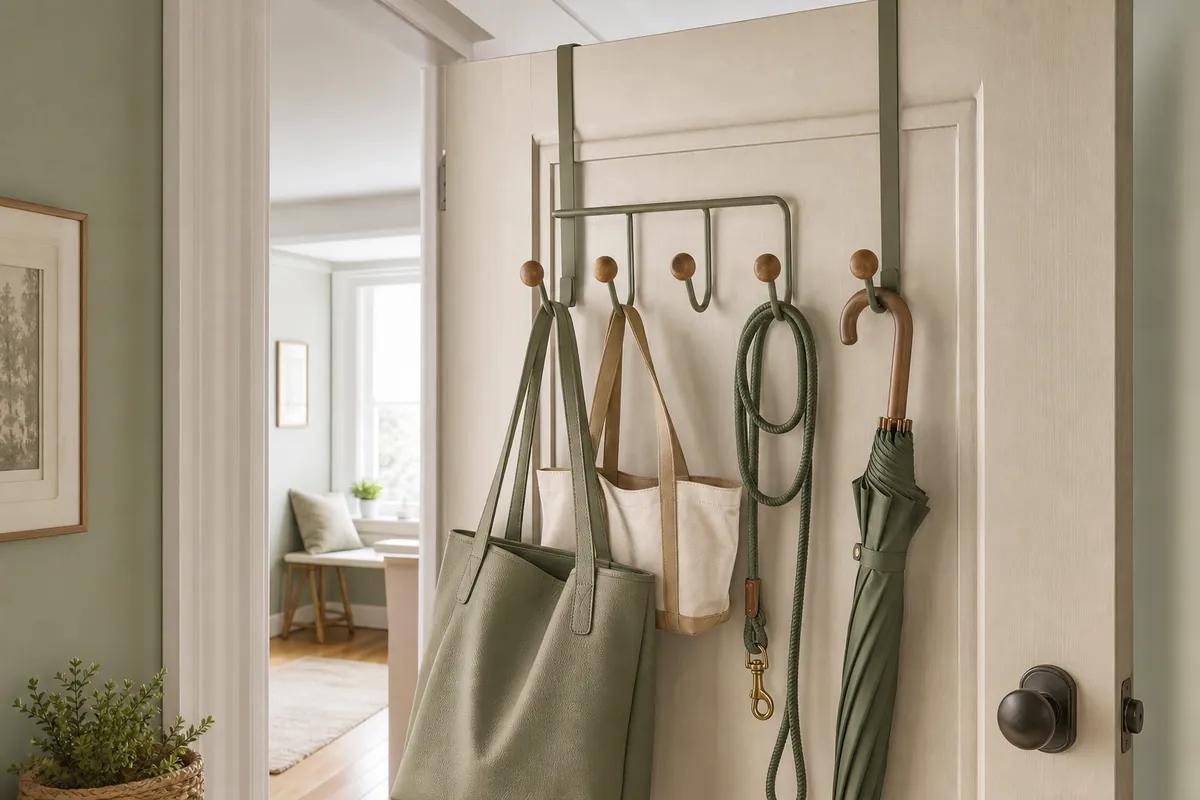 Over-the-door hook hanger on the inside of an entryway closet door holding bags and leads without drilling