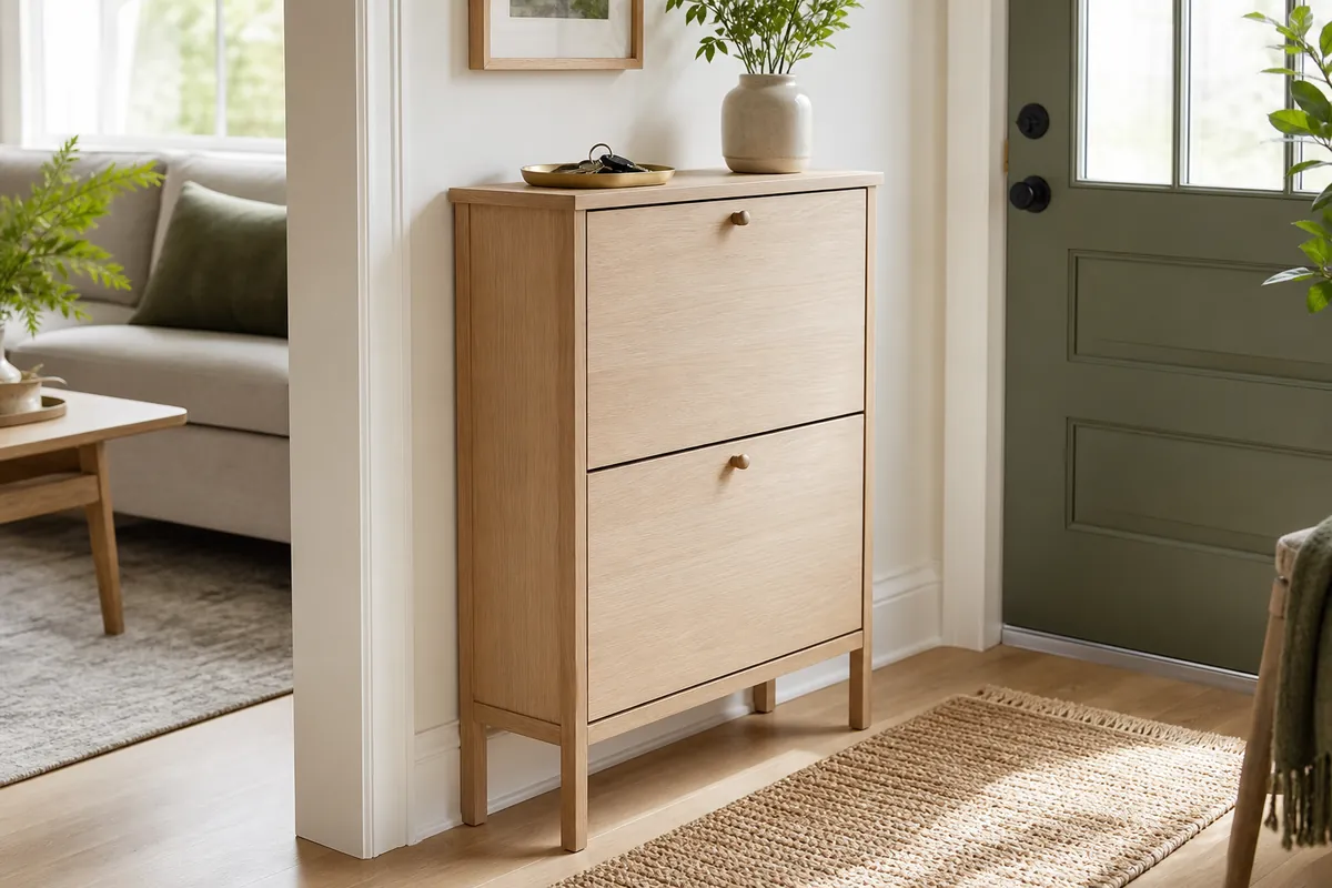 Slim flip-drawer shoe cabinet in pale oak beside a front door, a compact shoe storage entryway solution for narrow halls