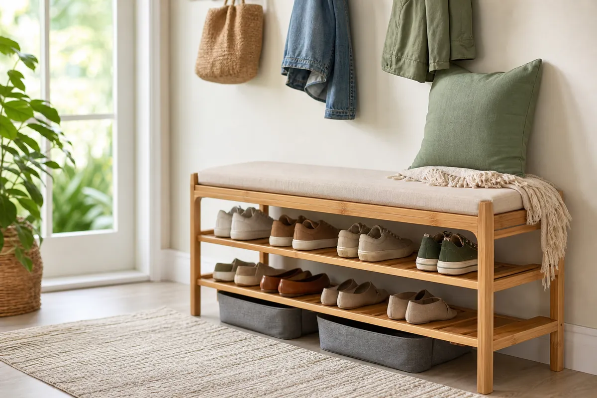 Bamboo shoe storage bench with open tiers and fabric baskets underneath in a small shoe storage entryway