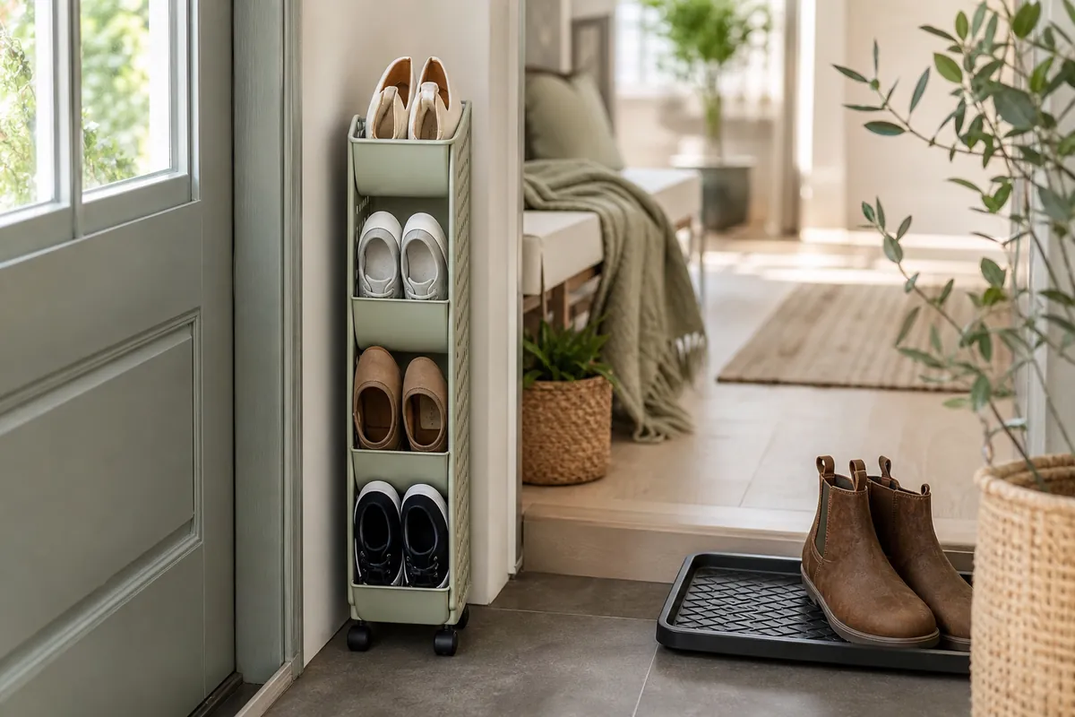 Narrow rolling shoe bin tucked into a gap beside a door frame with a boot tray, an overflow shoe storage entryway idea