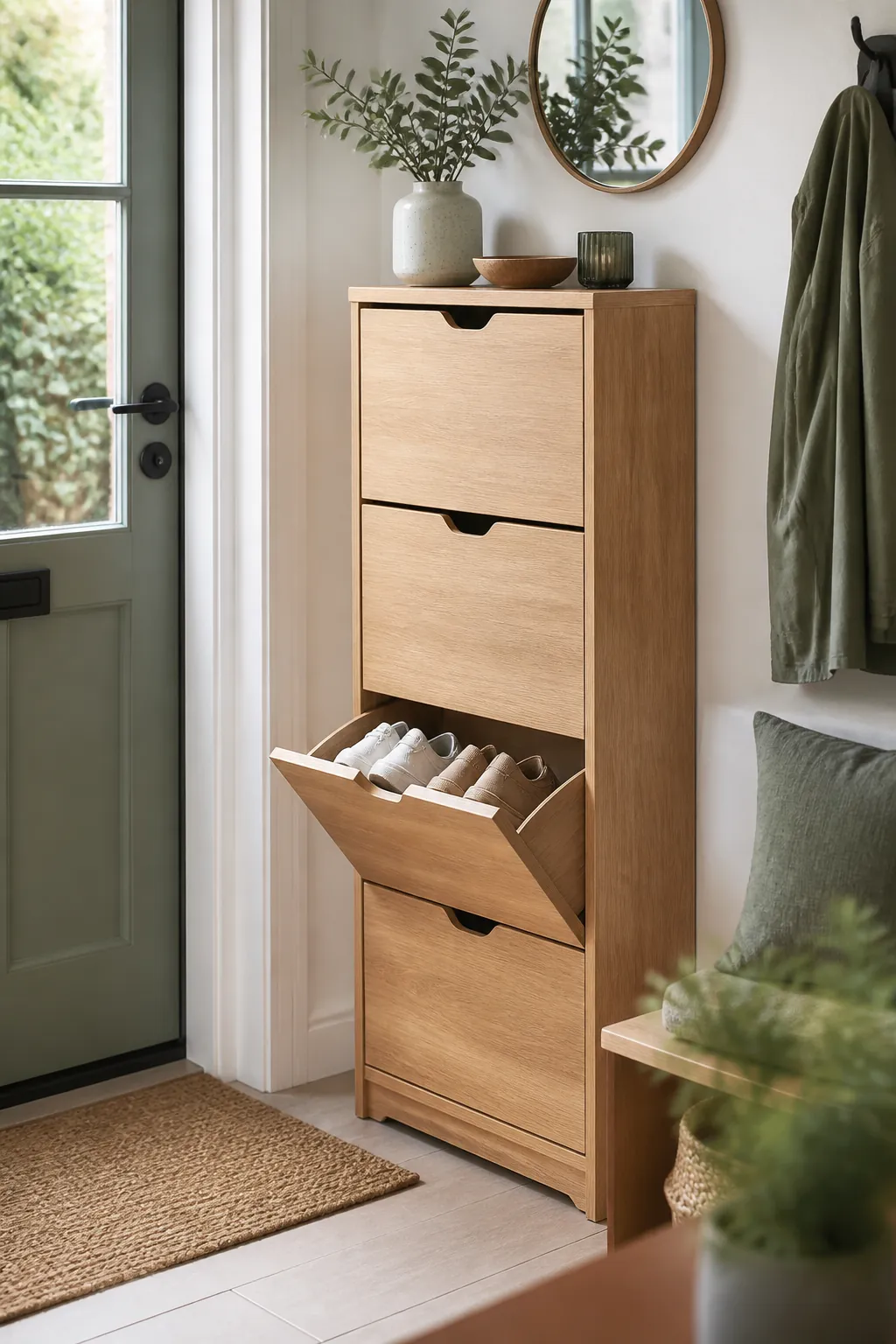 A slim pale oak flip-drawer shoe cabinet beside a front door with one drawer tilted open