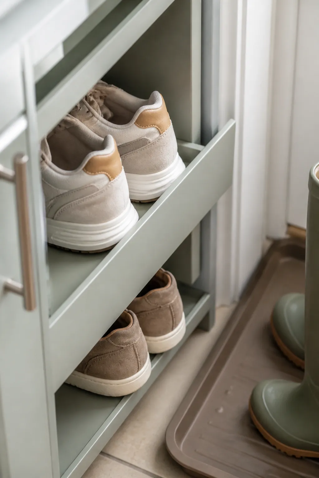 A narrow rolling shoe bin tucked beside a door frame with a boot tray on the floor