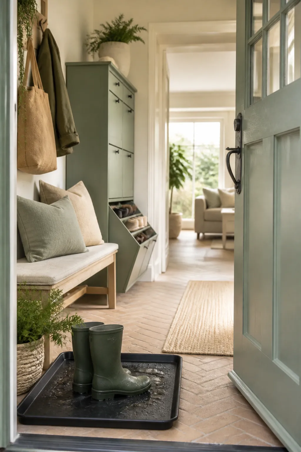 An entryway layered with a boot tray by the door, a bench and a tall shoe cabinet behind