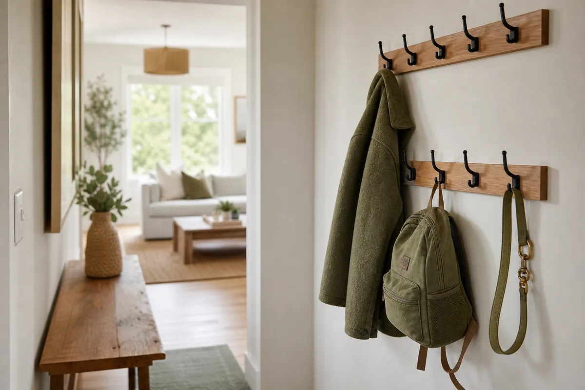 Two rows of hooks on an oak rail hold a coat, backpack and leash in a narrow hallway entryway storage setup
