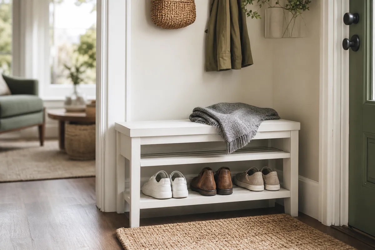Shallow white entryway bench with shoe storage shelves and a doormat lining a narrow hallway wall