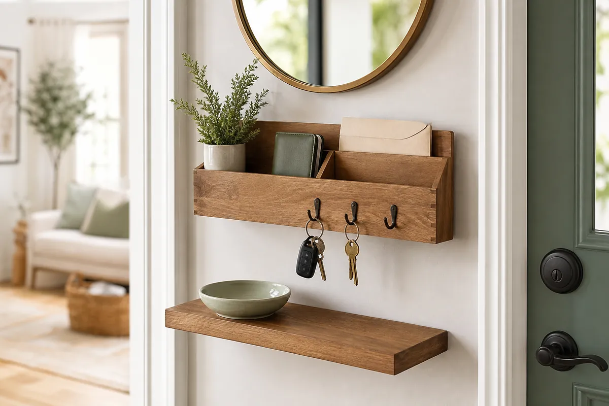 Wall-mounted key and mail organizer with slim shelf and round mirror as compact entryway storage beside a door