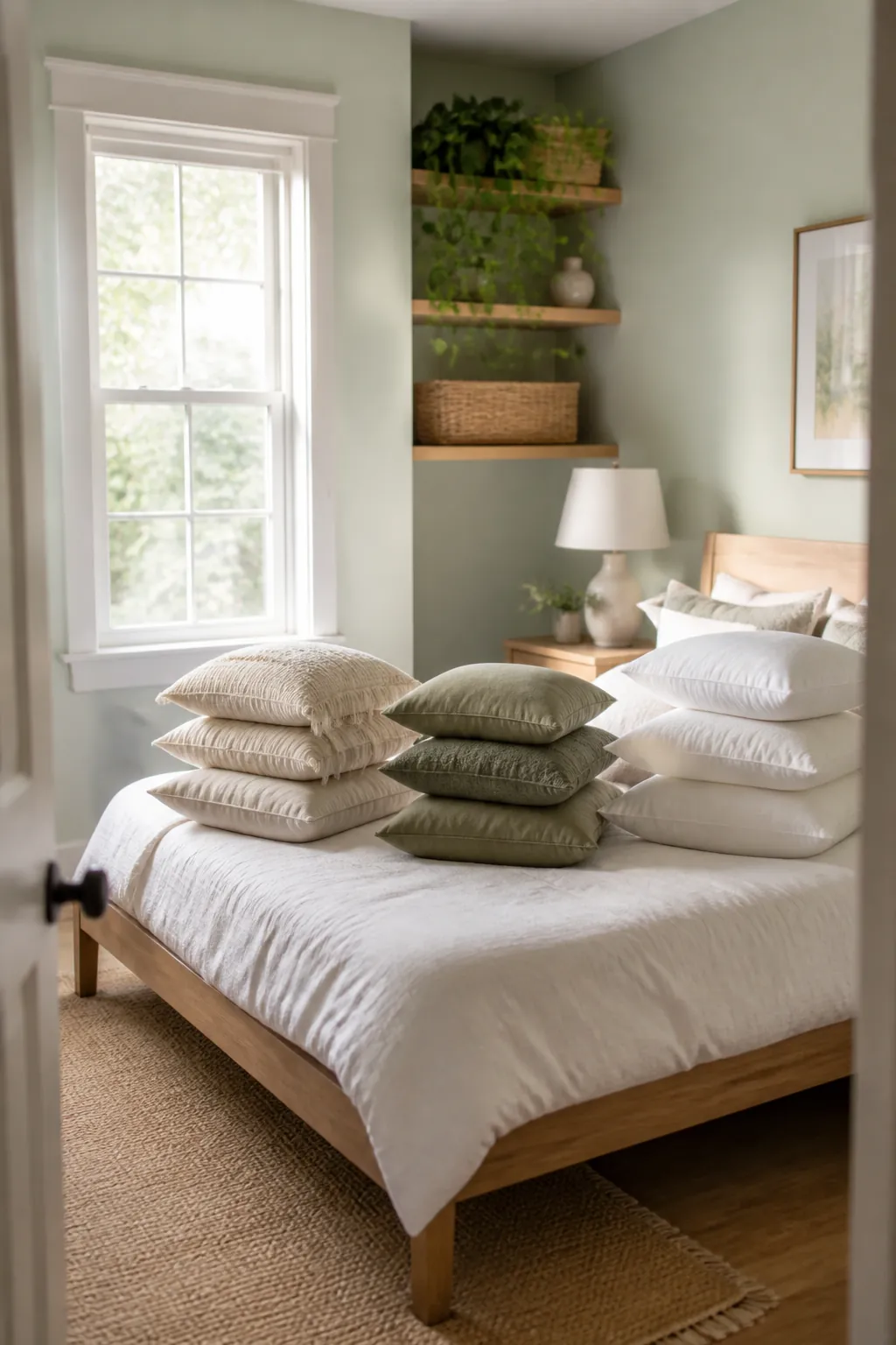 Several pillows spread across a bed in three separate piles beside an open, empty closet shelf.