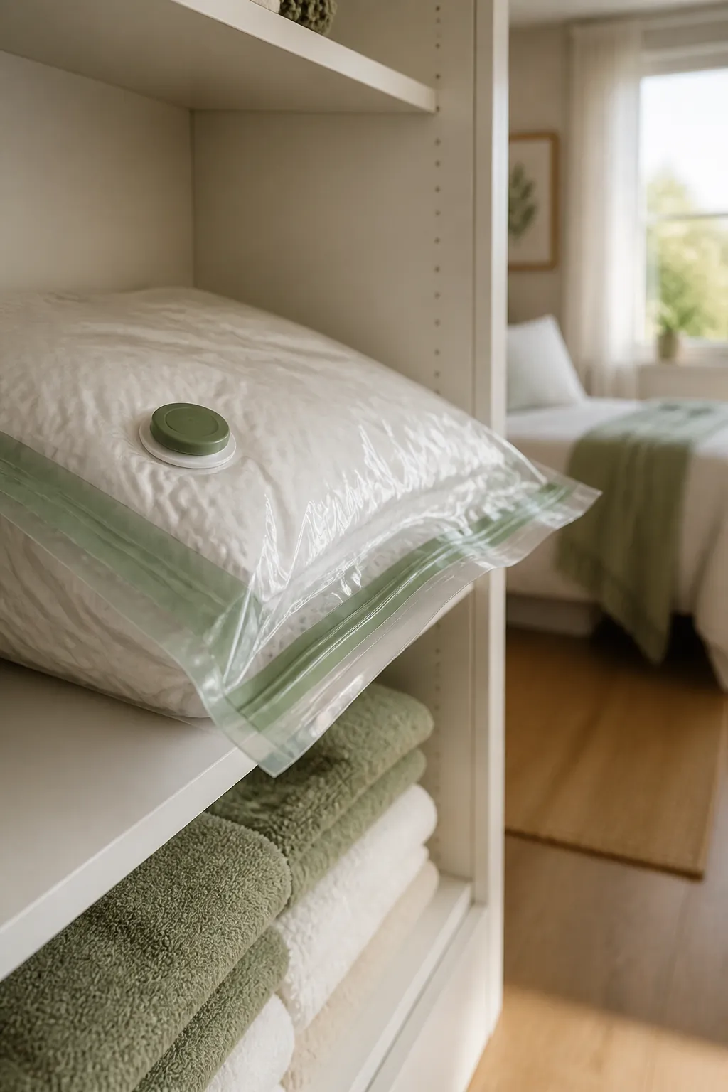 A clear vacuum compression bag holding a partially flattened pillow, resting on the edge of a closet shelf.