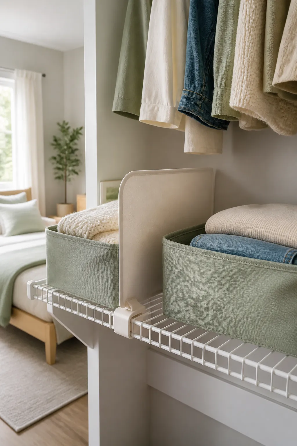 Two fabric bins on a closet shelf separated by a clipped-on shelf divider running front to back.
