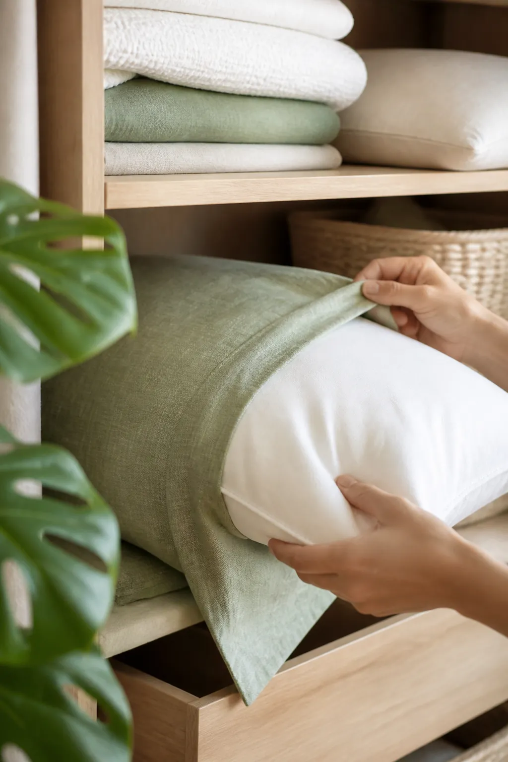A bare pillow being slid into a plain white pillowcase beside an open closet shelf.