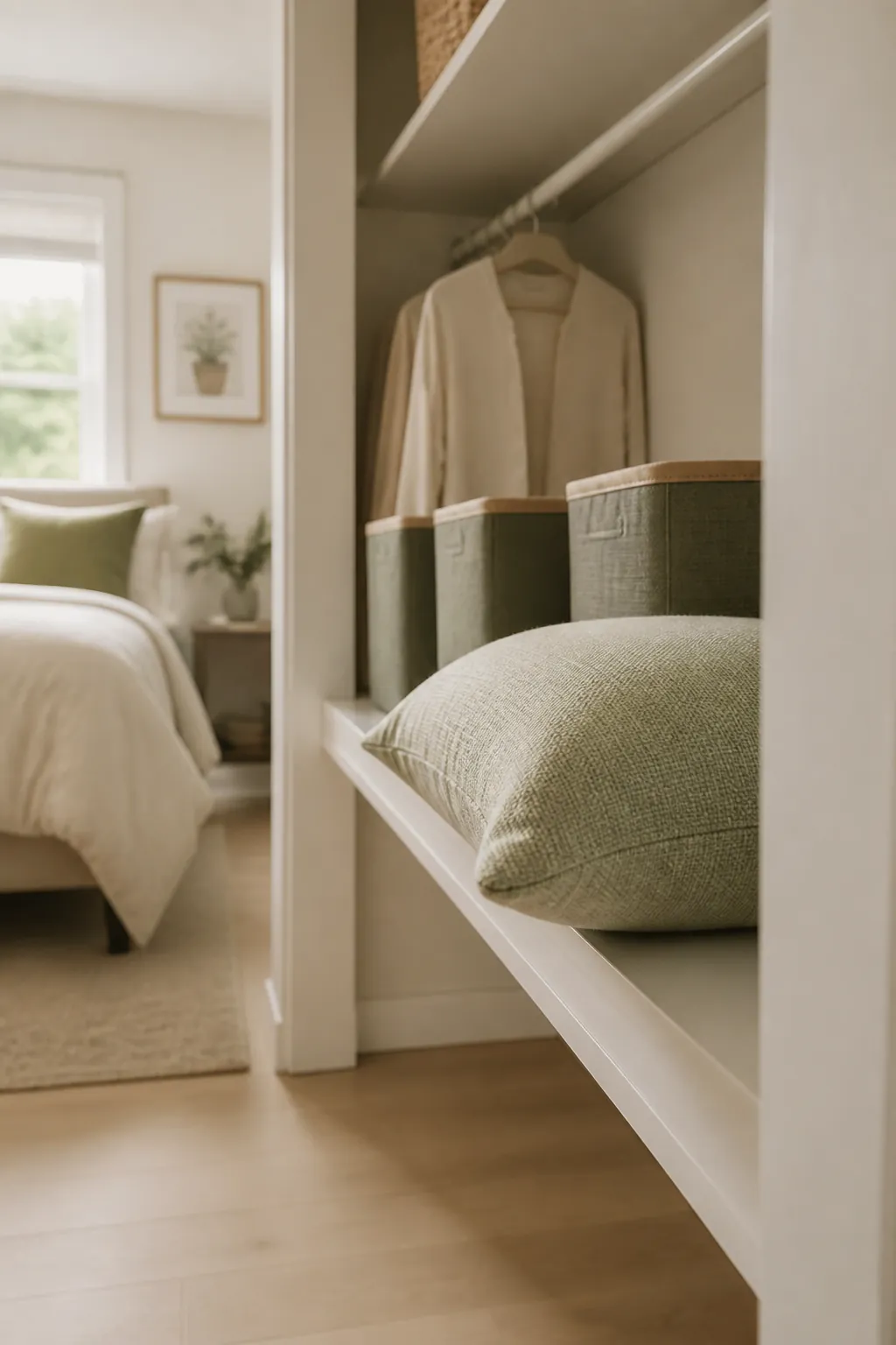 One pillow positioned at the very front edge of a closet shelf, storage bins pushed behind it.