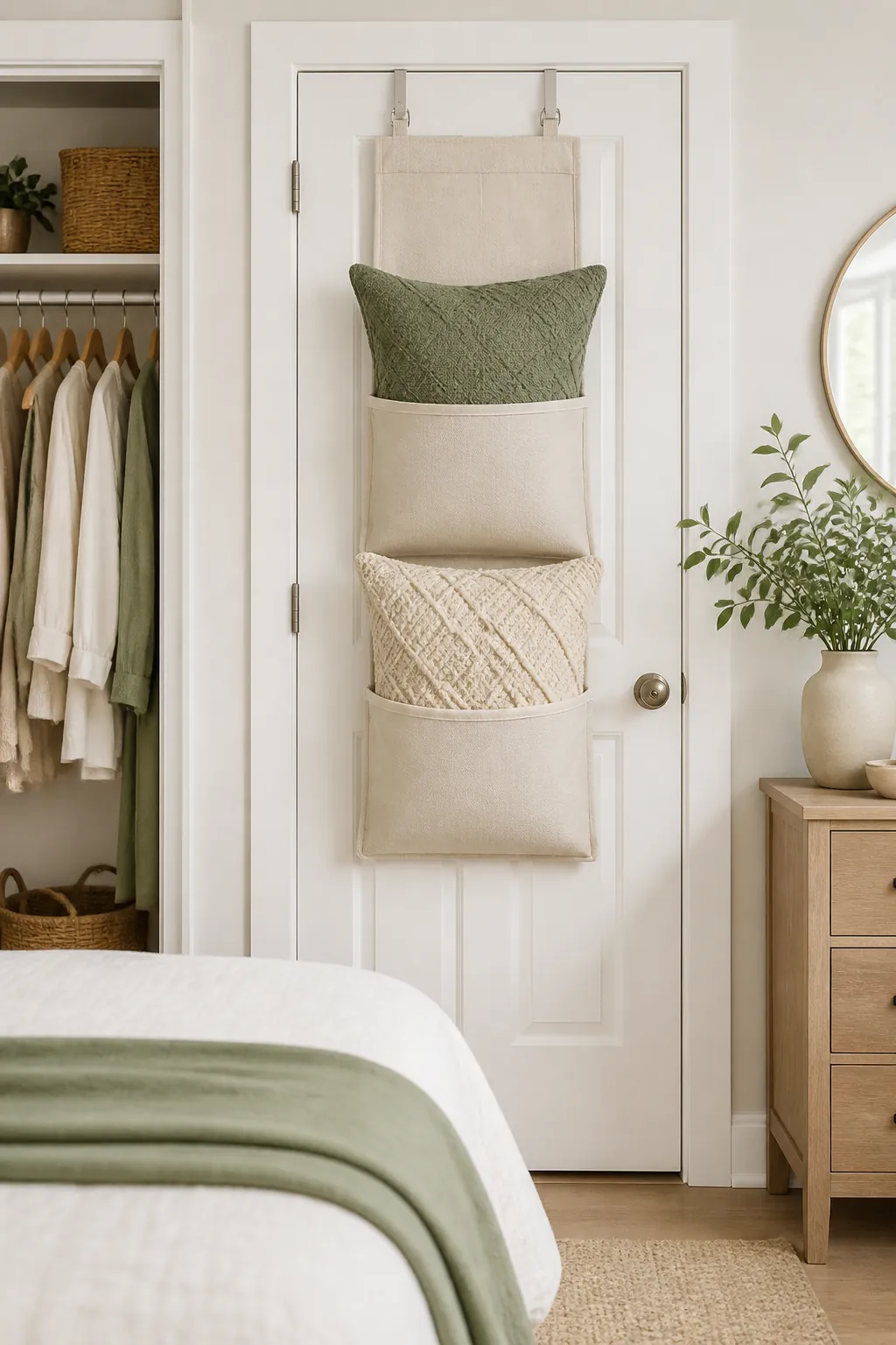 A flat decorative throw pillow standing upright inside a slim pocket organizer hanging on a closet door.