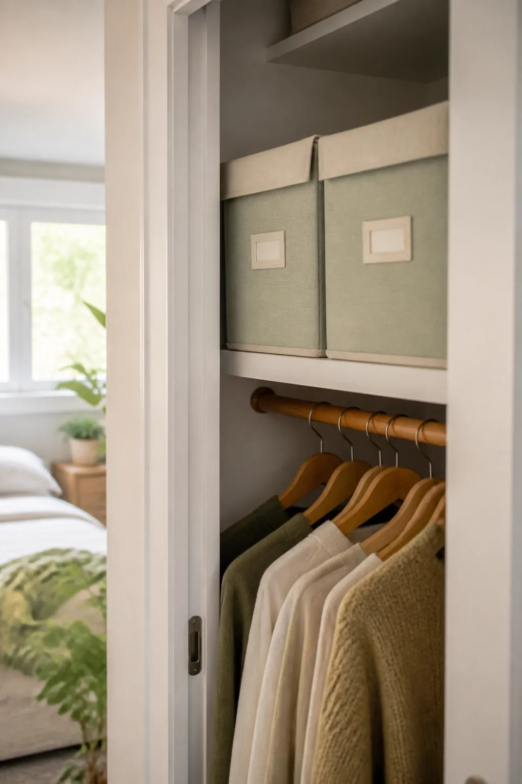 Two labeled fabric bins on a closet shelf, each tagged with a different season name.