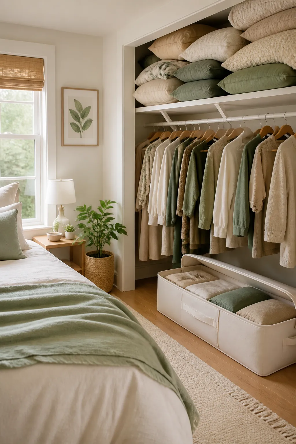 Pillows spilling over the edge of an overcrowded closet shelf above an open under-bed storage bin on the floor.