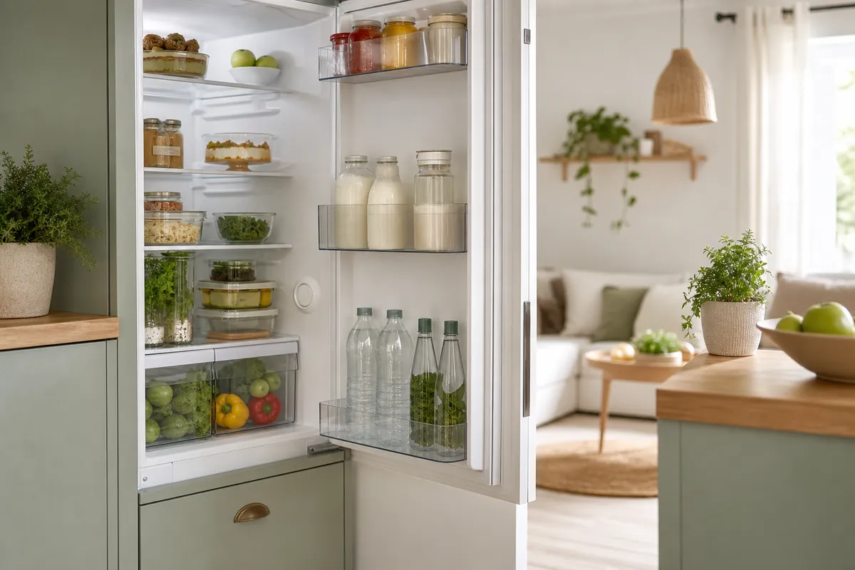 An open fridge organized into zones with leftovers, dairy and drinks each grouped on their own shelf