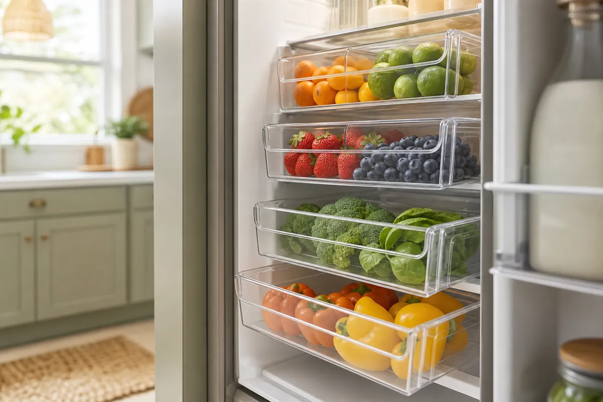 Clear stackable fridge bins pulled forward like drawers, each holding one category of food on a deep shelf
