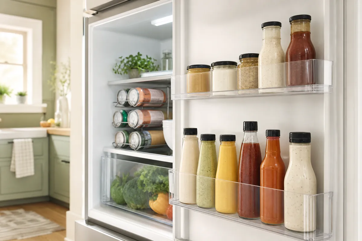 A fridge door with condiments lined up by height and a can dispenser rack keeping loose cans from rolling