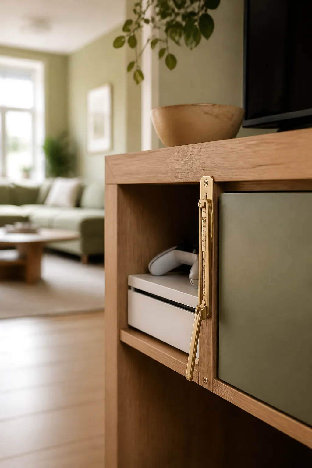 A game console sits on an open shelf beside a media cabinet section with its door closed.