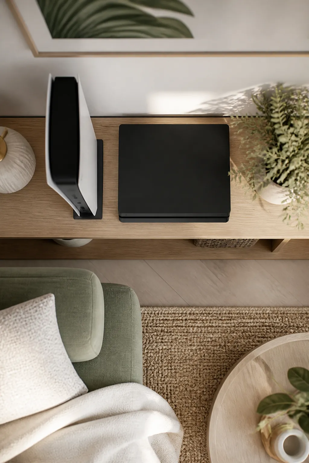 A game console stands upright on its vertical stand next to a second console lying flat.