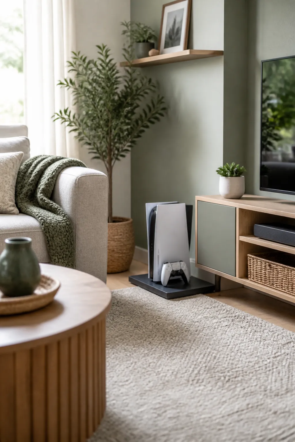 A game console rests on a thin hard platform set on top of carpet near a TV stand.