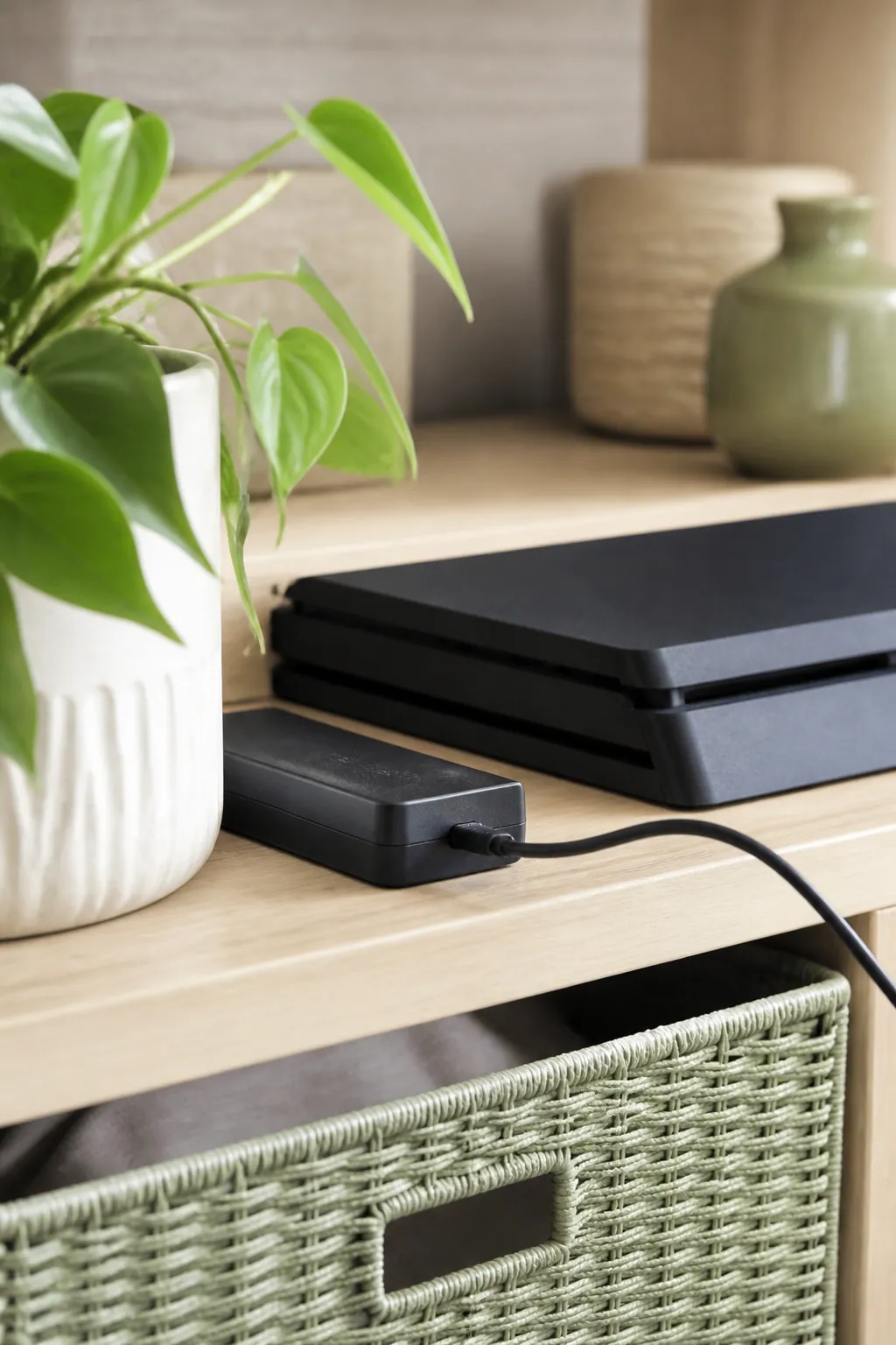 A console's power brick sits a few inches away from the unit, its cord left loosely coiled.