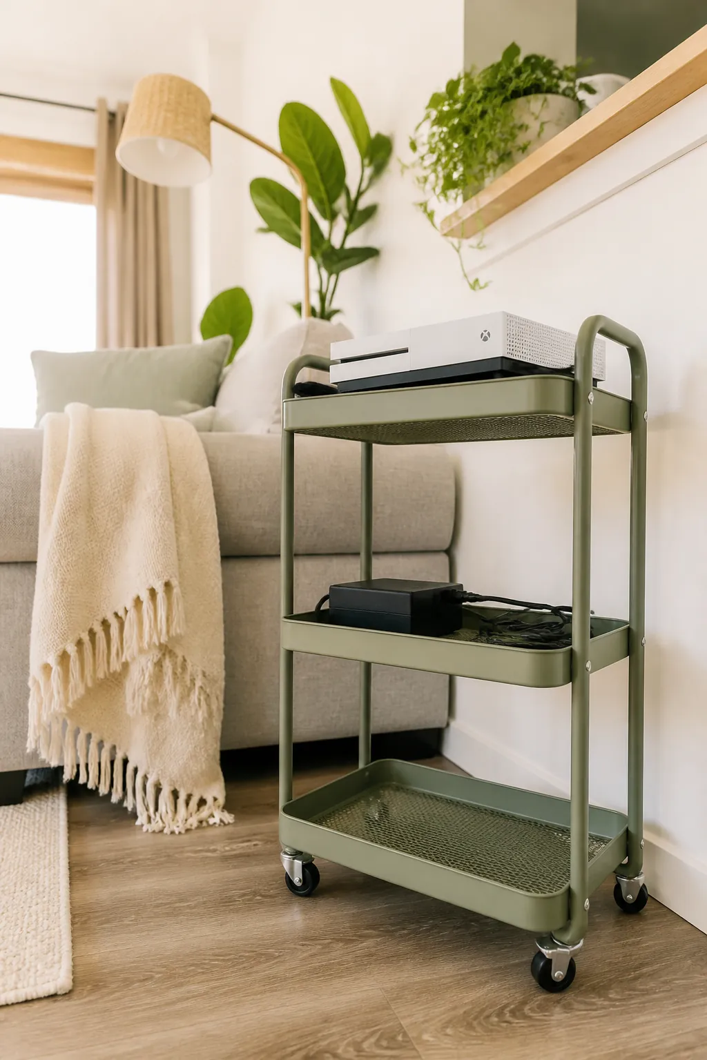 A rolling cart holds a game console on top with a power brick and cables on the shelf below.