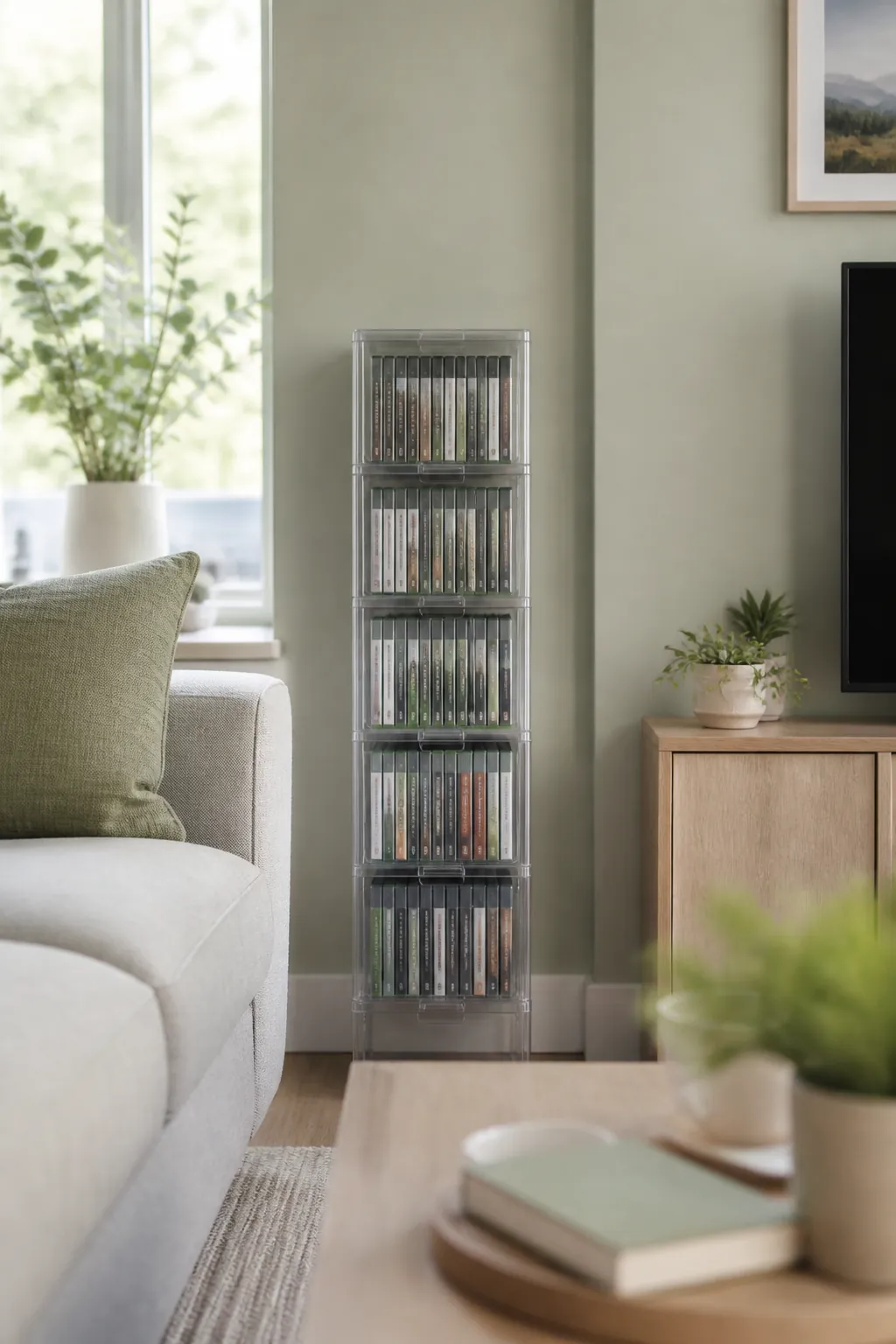 Several game cases stand upright on their spines inside a set of small clear stackable drawers.