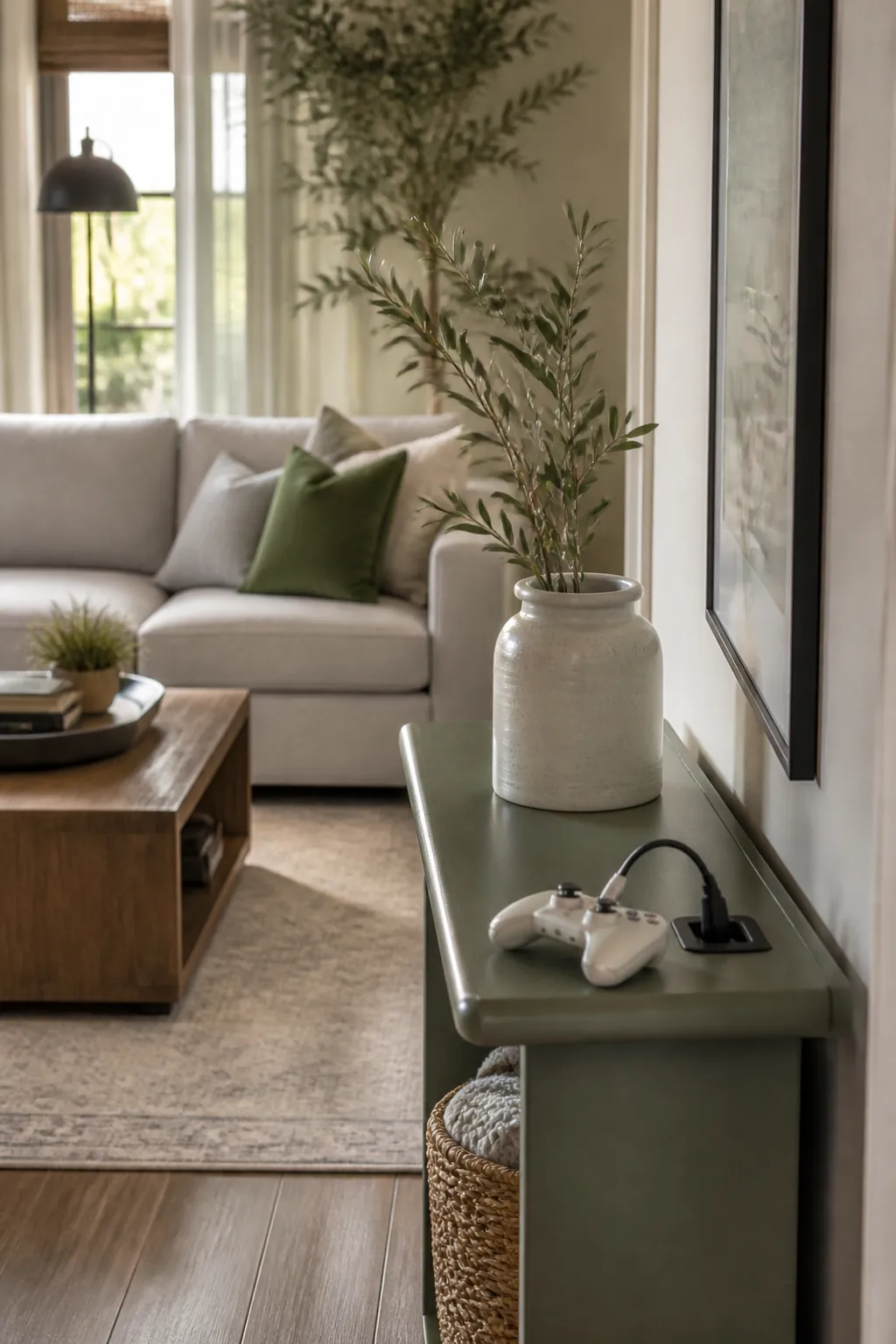 A narrow console table with a built-in outlet holds a controller plugged in and charging.