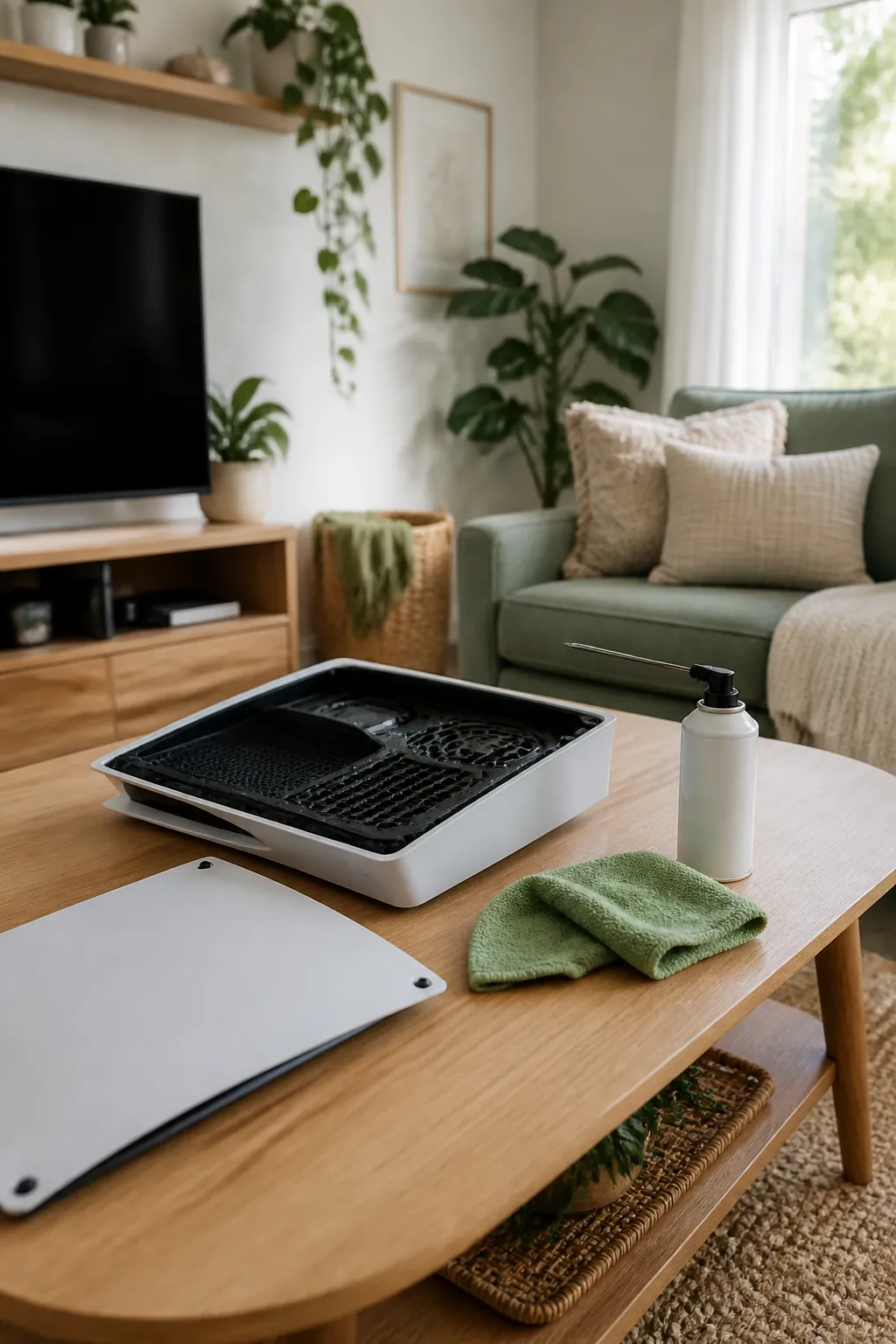 A microfiber cloth and a can of compressed air sit beside a console's exposed vent panel.