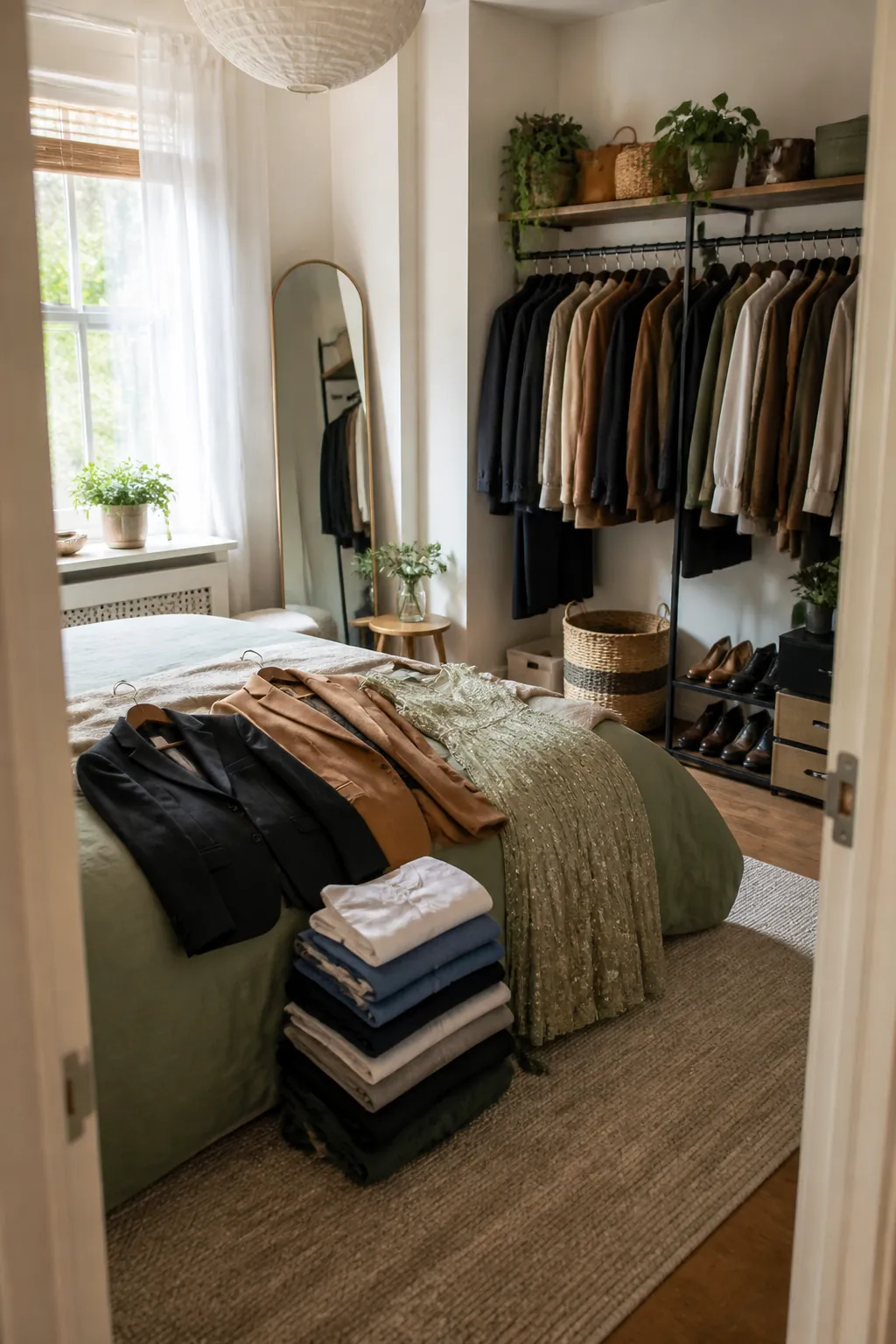 A suit, a wool coat, and a beaded dress laid on a bed next to folded everyday shirts not going into bags.