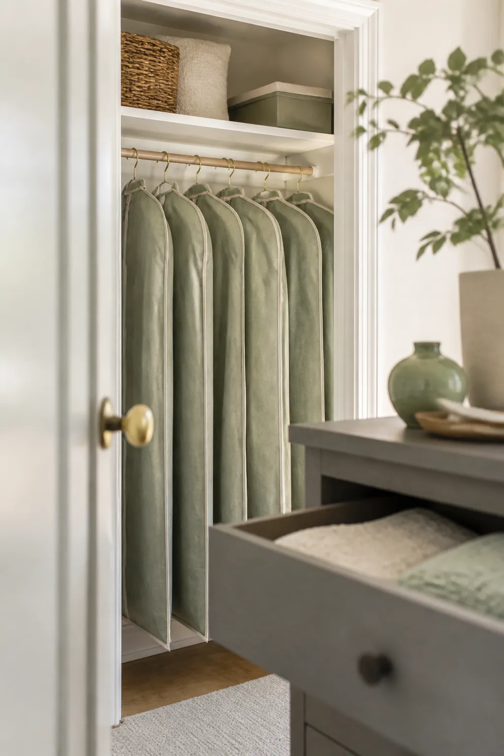 A tension closet rod under load with several garment bags, showing slight sag near the center of the span.