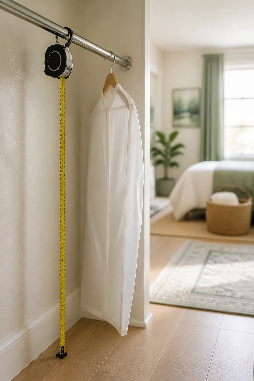 A tape measure running from a closet rod down to the floor, checking clearance for a hanging garment bag.