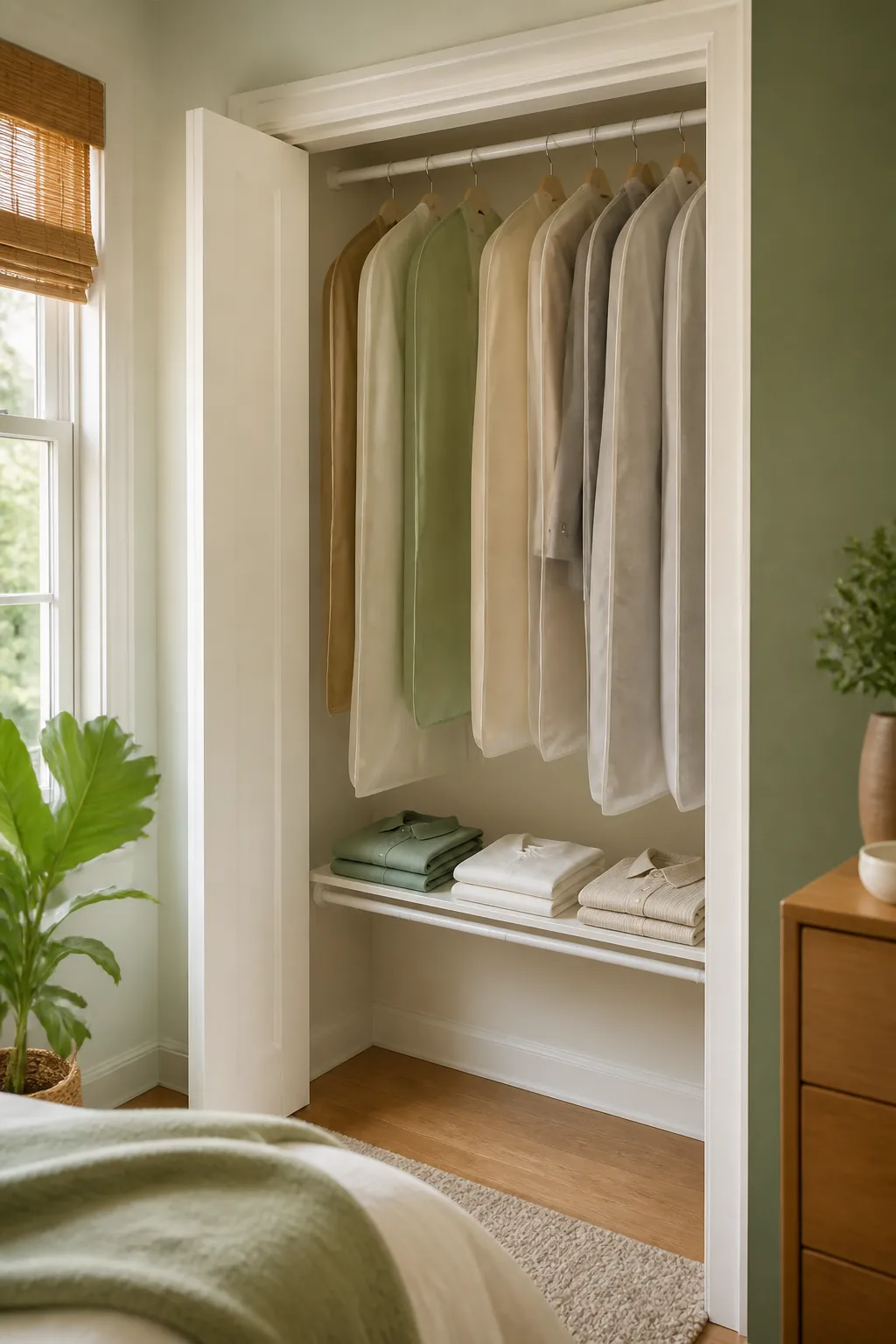 A closet rod doubler installed low in a closet, holding folded shirts, freeing the full-height rod above for garment bags.