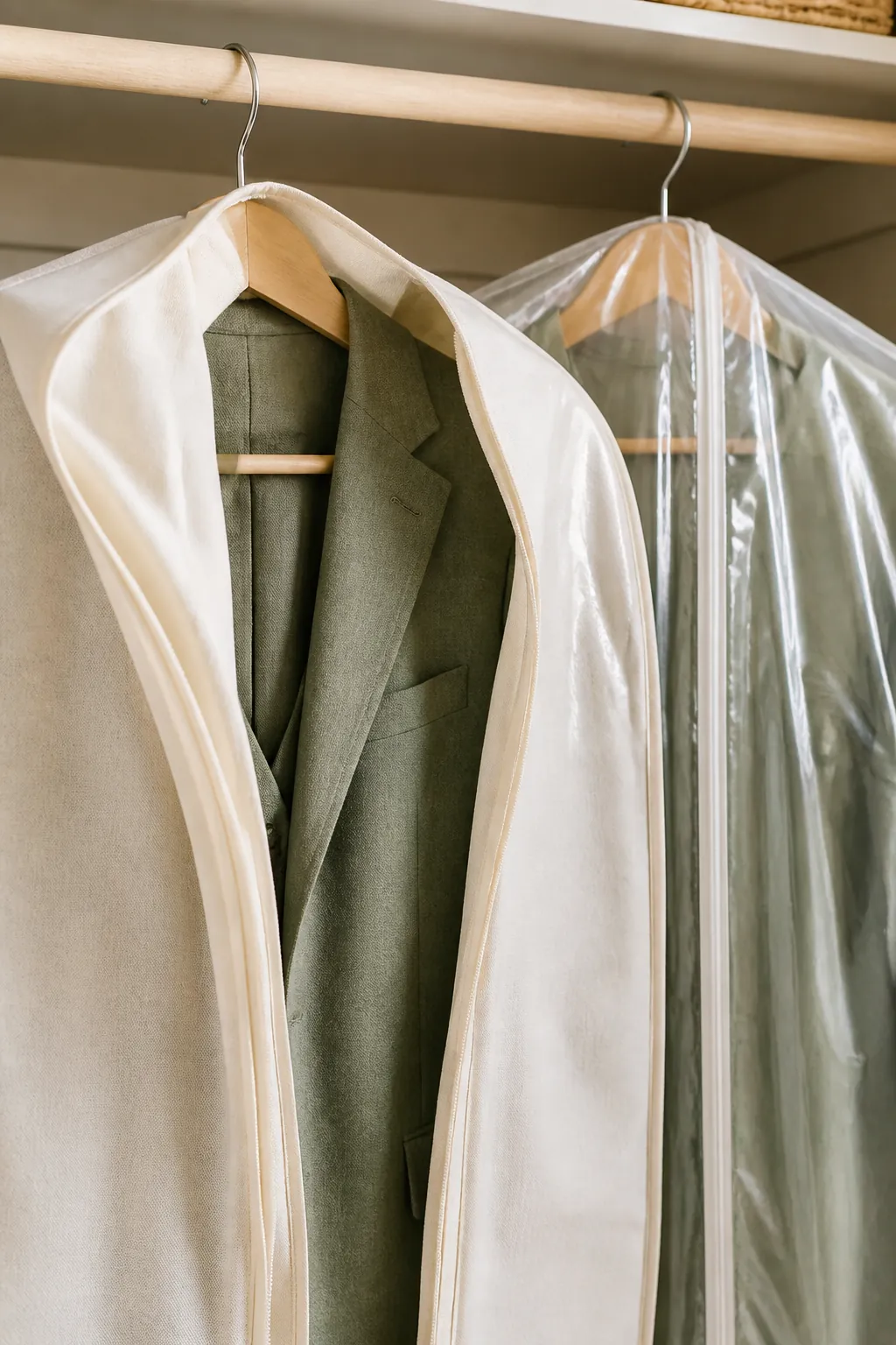 A hand unzipping a woven fabric garment bag partway, showing a wool suit hanging inside, versus a sealed vinyl bag beside it.