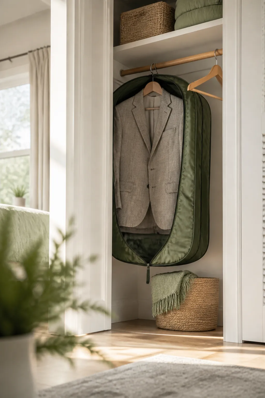 A single suit jacket hanging alone inside an unzipped garment bag, with empty hanger space visible beside it.