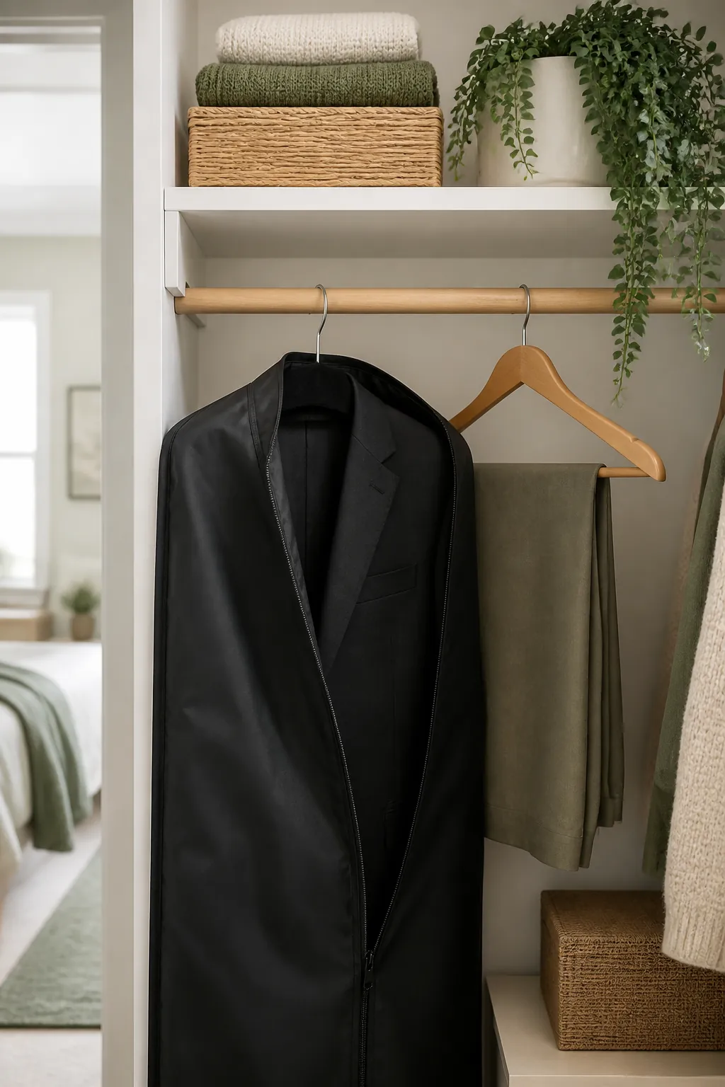 A thin velvet hanger holding a suit jacket inside a partly open garment bag, compared to a bulky wooden hanger beside it.