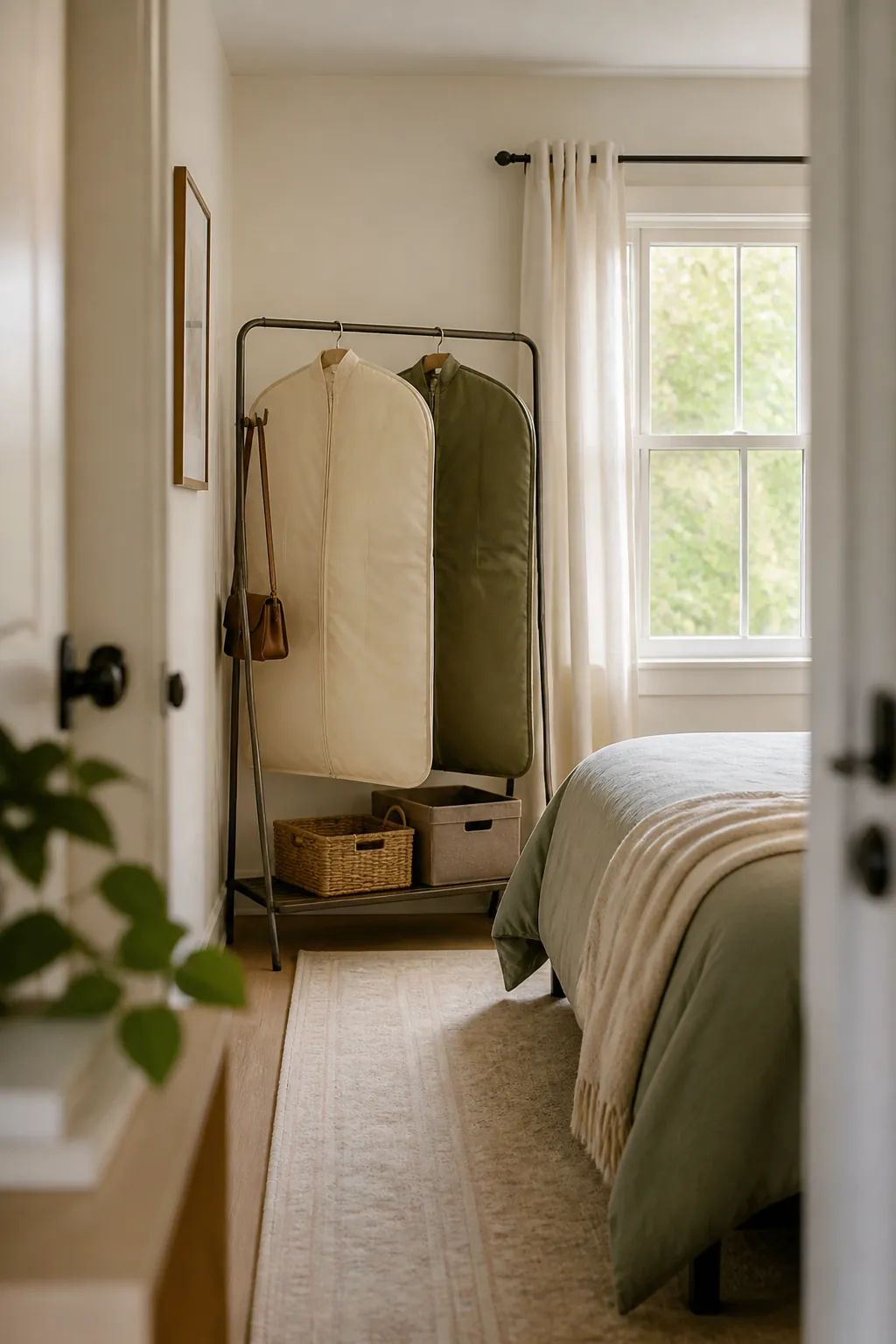 A freestanding garment rack in a bedroom corner holding two garment bags, positioned away from the main closet.
